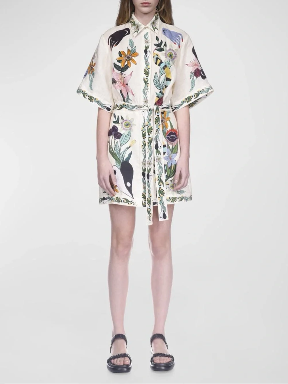 Meagan Floral Linen Belted Mini Dress